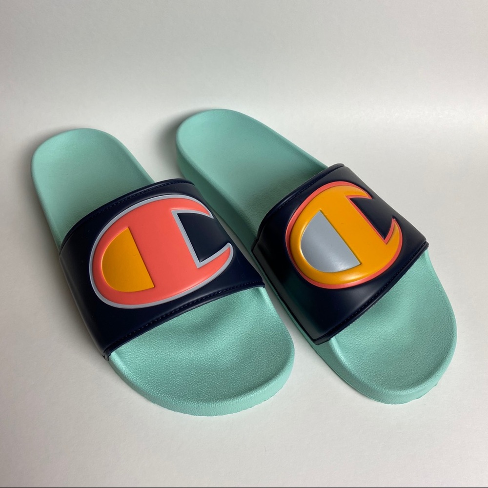 NWOT CHAMPION Slides Navy Multi Waterfall Green